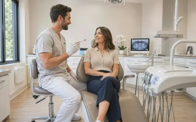 Dentist talking with a relaxed patient in a modern dental clinic before treatment